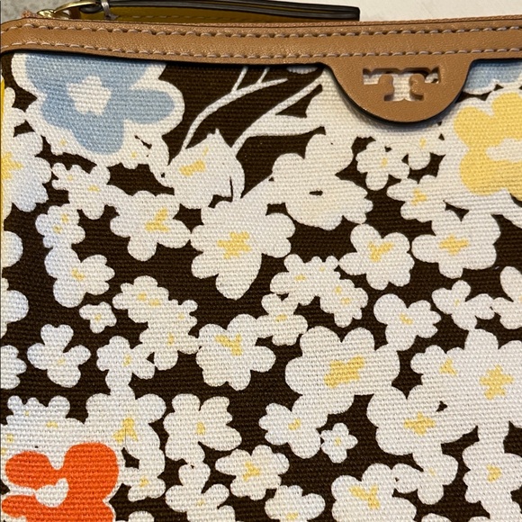 Tory Burch Brown and Yellow Clutch Floral and Basketweave Patterns